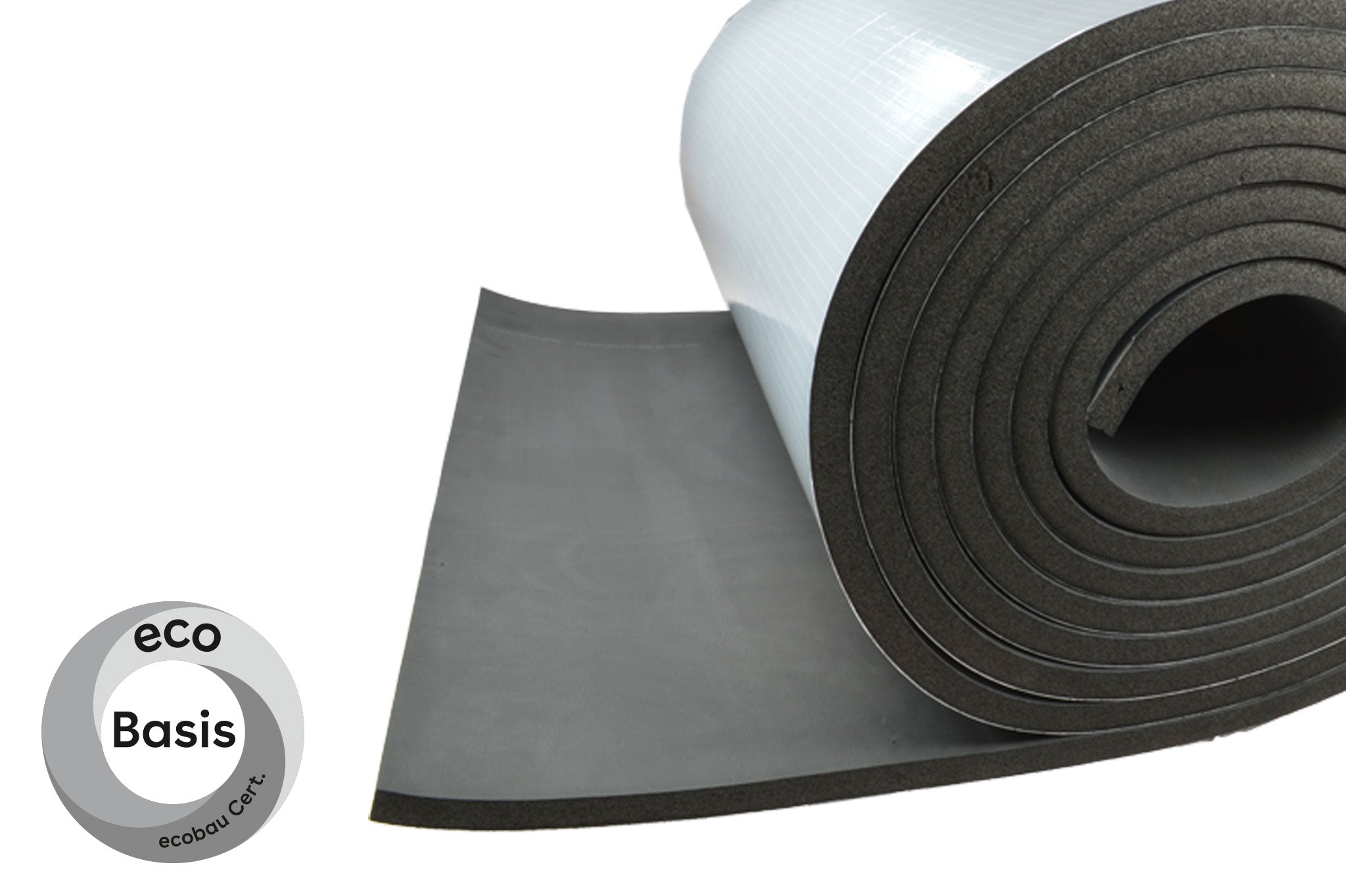 Rolle aus schwarzem Eurobatex mit Selbstklebefolie auf weissem Hintergrund mit Eco-Bau-Klassifizierungssiegel Basis.
