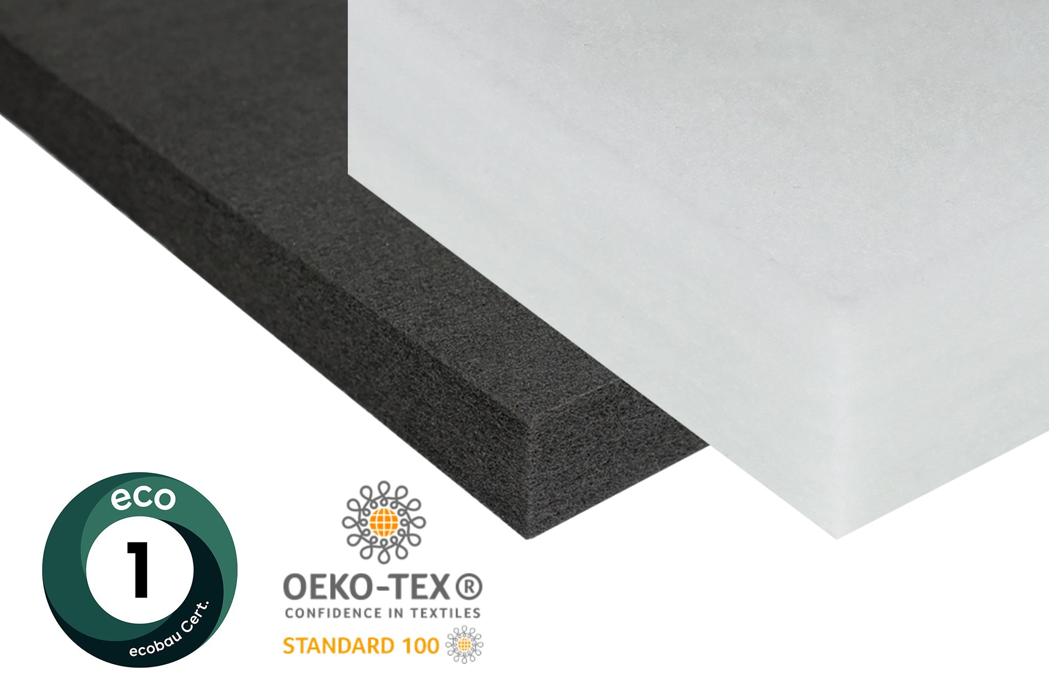 PET-Vlies Platten in Weiss und Schwarz mit ecobau und oeko-tex siegel