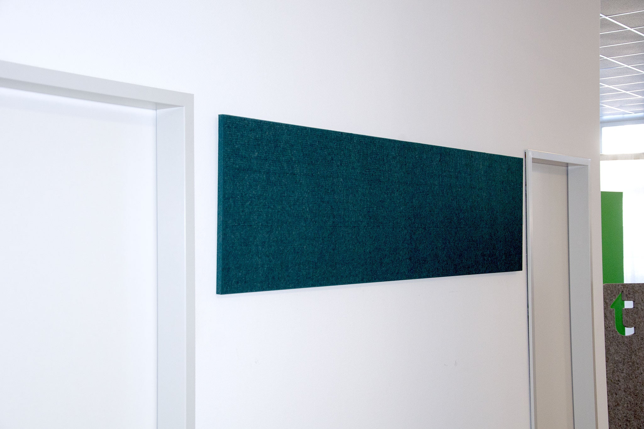 Grünblaues Wandpaneel hängt zwischen zwei Türen an einer weissen Wand in einem Büro.