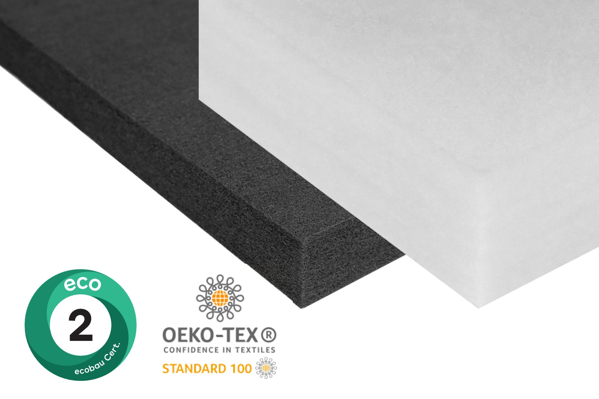 PET-Vlies Platten in Weiss und Schwarz mit ecobau und oeko-tex siegel