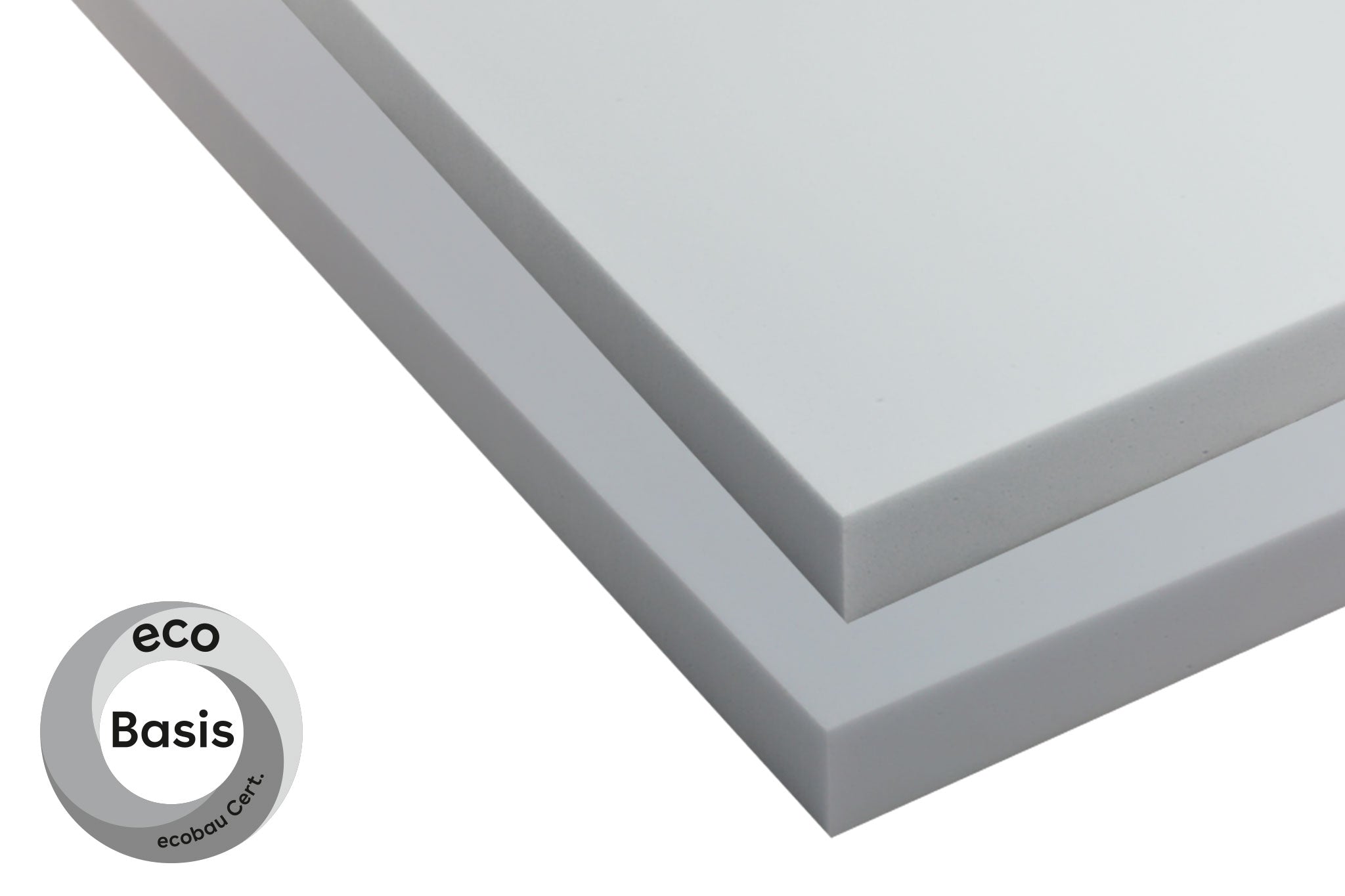 Graue und weisse Akustikplatte aus Basotect mit Ecobau-Logo